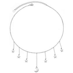 S925 Sterling Silver Jewelry Crescent Moon and Star Celestial Choker Necklace Rolo Chain 13 inches to 16 inches Elegant Gift for Her