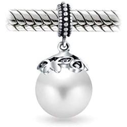 Bali Style Filgree Cap White Simulated Pearl Heart Dangle Charm Bead For Women Teen Oxidized .925 Sterling Silver Fits European Bracelet June Birthstone