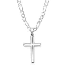 XP Jewelry Mens Sterling Silver Cross Pendant Figaro Chain Necklace Italian Made - Choose Width and Length