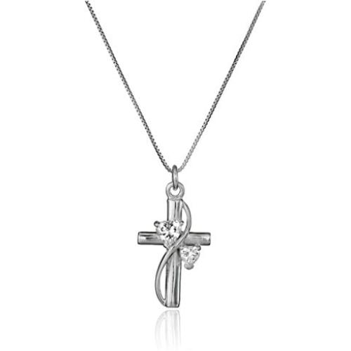 Sterling Silver Cubic Zirconia ''Faith Hope Love'' Cross Pendant Necklace, 18''