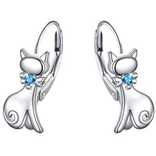 925 Sterling Silver Animal Jewelry Cat Dangle Earrings with Cubic Zirconia Cat Lover Gifts for Women