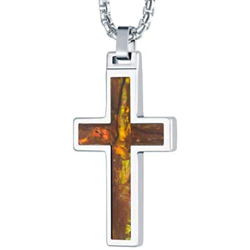 Tungsten Men’s Christian Necklace – Cross Pendant with Steel Chain 22” – – Made of Polished Solid Tungsten, Carbon Fiber, and Amethyst Shell Material – 6 Designs and Colors to Choose - Gift for Him