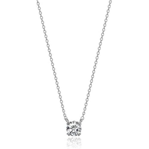 Platinum or Gold-Plated Sterling Silver Round-Cut Swarovski Zirconia Solitaire Pendant Necklace