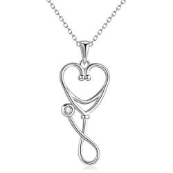 YFN Sterling Silver Caduceus Angel Nursing Themed Stethoscope Pendant Necklace 18''