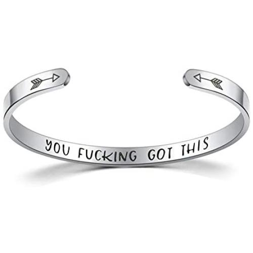 Popeoiuh Inspirational Bracelets for Women Stainless Steel Engraved Personalized Mantra Quote Cuff Bangle Encouragement Jewelry Gift for Teen Girls Boy Friend Men