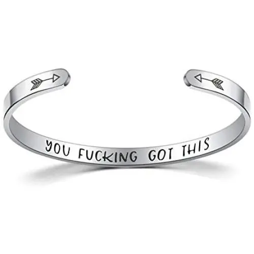 Popeoiuh Inspirational Bracelets for Women Stainless Steel Engraved Personalized Mantra Quote Cuff Bangle Encouragement Jewelry Gift for Teen Girls Boy Friend Men