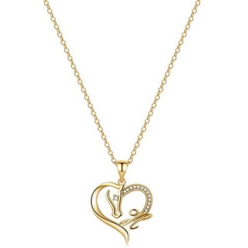 Hidepoo Horse Gifts for Girls, 14K Gold Plated Cubic Zirconia Heart Initial Pendant Horse Necklace Dainty Horse Jewelry Personalized Horse Necklace for Women Horse Gifts for Girls