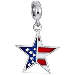 Red White Blue Stripe Holiday American USA Patriotic Flag Star Charm Bead For Women Teens 925 Sterling Silver Fits European Bracelet