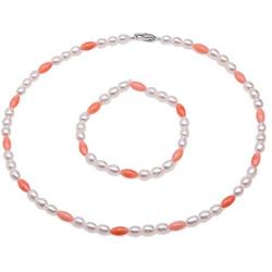 JYX Pearl Jewelry Set Beautiful 5×6.5mm White Rice-shape Freshwater Pearl with Pink Mini Coral Beads Necklace Bracelet Set