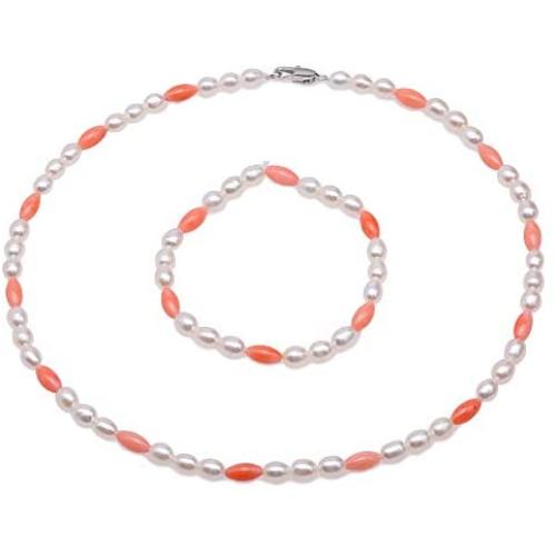 JYX Pearl Jewelry Set Beautiful 5×6.5mm White Rice-shape Freshwater Pearl with Pink Mini Coral Beads Necklace Bracelet Set