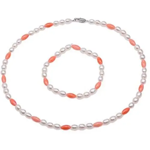 JYX Pearl Jewelry Set Beautiful 5×6.5mm White Rice-shape Freshwater Pearl with Pink Mini Coral Beads Necklace Bracelet Set