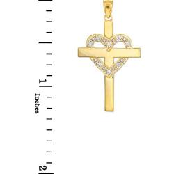 Solid 14k Yellow Gold Diamond-Studded Heart Cross Pendant Necklace