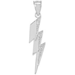 High Polish 925 Sterling Silver CZ-Studded Lightning Bolt Charm Pendant Necklace