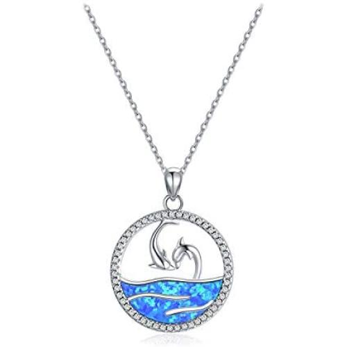 Created Opal Dolphin Necklace for Women Sterling Silver Eternal Love Animal Wave Pendant Necklace Dolphin Ocean Jewelry Gift for Dolphin Lover Girlfriend Mother