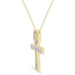 925 Sterling Silver Egyptian Ankh Baguette CZ Cross Pendant Necklace