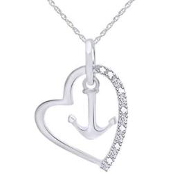 White Natural Diamond Heart & Anchor Pendant Necklace in 14k Gold Over Sterling Silver (0.1 Ct)