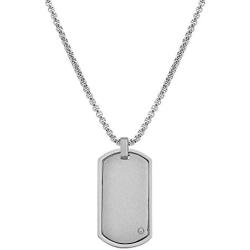 Geoffrey Beene Stainless Steel Mens Engravable Dog Tag Pendant Box Chain Necklace with Cubic Zirconia Stone