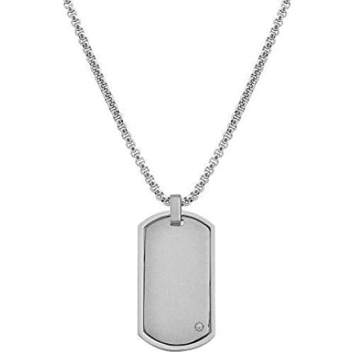 Geoffrey Beene Stainless Steel Mens Engravable Dog Tag Pendant Box Chain Necklace with Cubic Zirconia Stone