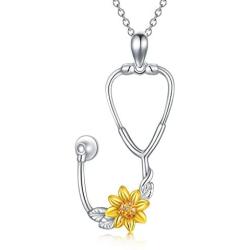 LONAGO Stethoscope Sunflower Necklace 925 Sterling Silver Medical Doctor Pendant RN Registered Nurse Student Graduation Jewelry Gift for Women