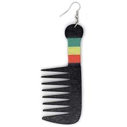 Teris Boutique Black African American Jamaican Afro Hair Comb Rasta Color Details Wood Light Weight Long Dangle Drop Fashion Earrings