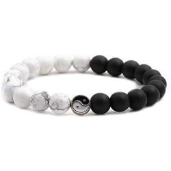 Tattooshe Handmade Bracelet Classic Natural Stone White and Black Yin Yang Taichi Taiji Bagua Beaded Bracelets for Men Women Jewelry Gift