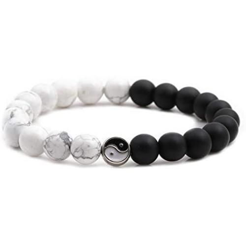 Tattooshe Handmade Bracelet Classic Natural Stone White and Black Yin Yang Taichi Taiji Bagua Beaded Bracelets for Men Women Jewelry Gift