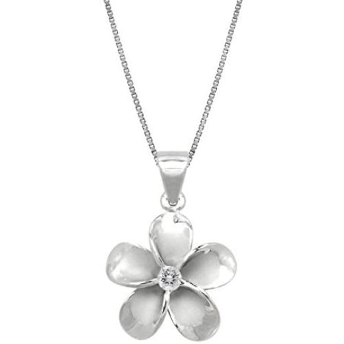 Honolulu Jewelry Company Sterling Silver Plumeria CZ Pendant Necklace with 18'' Box Chain