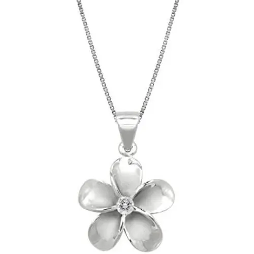Honolulu Jewelry Company Sterling Silver Plumeria CZ Pendant Necklace with 18'' Box Chain Honolulu Jewelry Company Sterling Silver Plumeria CZ Pendant Necklace with 18'' Box Chain