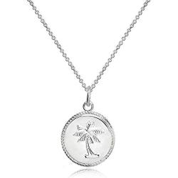 Sterling Silver Polished Palm Tree Summer Medallion Coin Round Pendant Necklace