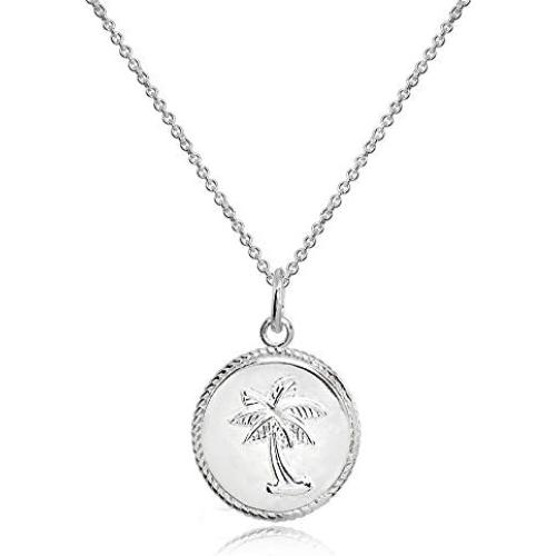 Sterling Silver Polished Palm Tree Summer Medallion Coin Round Pendant Necklace