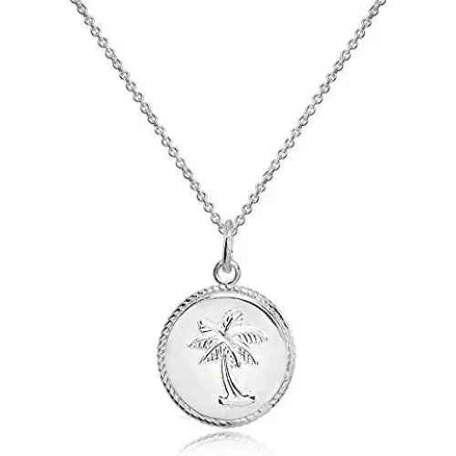 Sterling Silver Polished Palm Tree Summer Medallion Coin Round Pendant Necklace Sterling Silver Polished Palm Tree Summer Medallion Coin Round Pendant Necklace