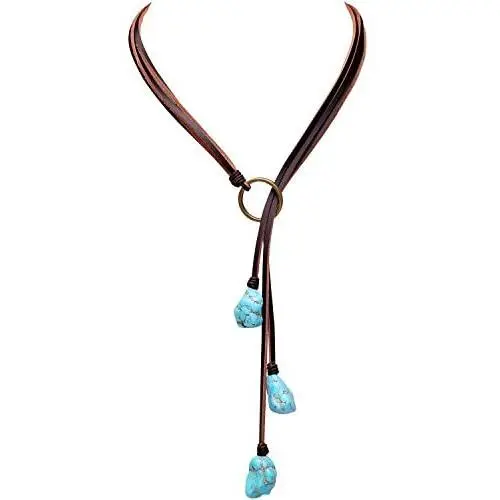Bohemian Synthetic Turquoise Necklace Handmade Vintage Y-shaped Jewelry with Genuine Flat Brown Leather Bohemian Synthetic Turquoise Necklace Handmade Vintage Y-shaped Jewelry with Genuine Flat Brown Leather