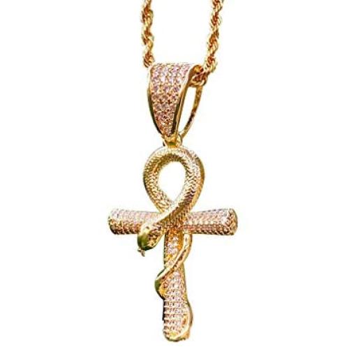 Shop-iGold Men Women 14k Gold Pl Ankh Cross Diamond Ankh Cross Egyptian Ice Out Pendant Charm Pendant, Stainless Steel Real 2.5 mm Rope Chain, Mans Jewelry, Iced Pendant, Ankh Necklace