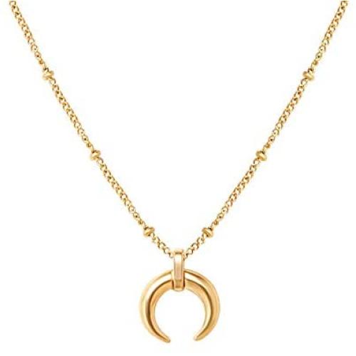 Tiny Horn Choker Crescent Moon Pendant Necklace for Women Girls Men 925 Sterling Silver 14K Gold Plated Open Heart Karma Full Waning Half Moon Boho Ball Bead Chain Minimalist Delicate Jewelry Gift