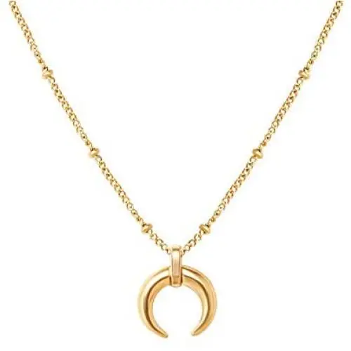 Tiny Horn Choker Crescent Moon Pendant Necklace for Women Girls Men 925 Sterling Silver 14K Gold Plated Open Heart Karma Full Waning Half Moon Boho Ball Bead Chain Minimalist Delicate Jewelry Gift