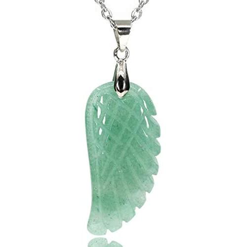 Amandastone 35MM Natural Gemstone Handmade Carved Angel Wing Pendant Necklaces 18 Inch