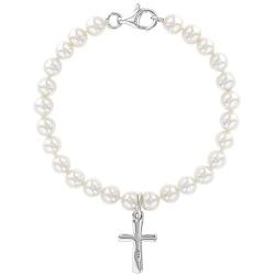 925 Sterling Silver Jewelry Set Girl Cross Simulated Pearl 15'' Necklace Bracelet