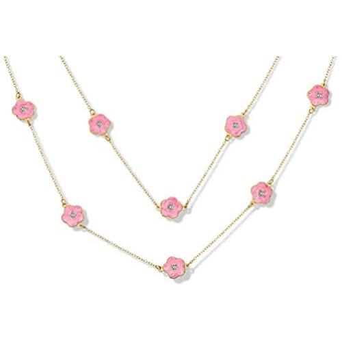 Bling Jewelry White Pink Orange Flower Long Gold Plated Crystal Accent Station Chain Wrap Layer Clover Necklace for Women 40 Inch
