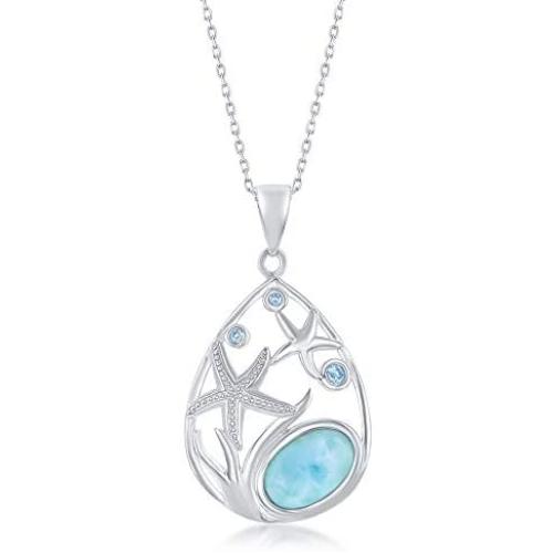 Starfish Pear-Shaped Caribbean Natural Larimar Gemstone and Blue Cubic Zirconia Sterling Silver Pendant 18’’ Necklace Jewelry for Women or Teens