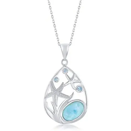 Starfish Pear-Shaped Caribbean Natural Larimar Gemstone and Blue Cubic Zirconia Sterling Silver Pendant 18’’ Necklace Jewelry for Women or Teens Starfish Pear-Shaped Caribbean Natural Larimar Gemstone and Blue Cubic Zirconia Sterling Silver Pendant 18’’ Necklace Jewelry for Women or Teens