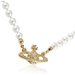 EFDF Vivienne Westwood Gold Saturn Pearl Necklace Rhinestone Imitation Necklace with Special Box for Women and Girls