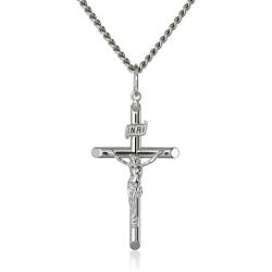 Mens Sterling Silver Crucifix Pendant Necklace with Stainless Steel Chain, 24''