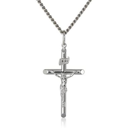 Mens Sterling Silver Crucifix Pendant Necklace with Stainless Steel Chain, 24''