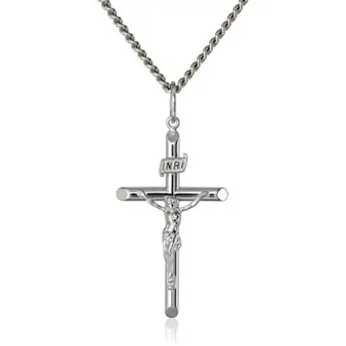 Mens Sterling Silver Crucifix Pendant Necklace with Stainless Steel Chain, 24''