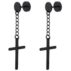 JSEA Black Silver Stainless Steel Cross Dangle Long Earrings Barbell Screw Back Round Stud Earrings