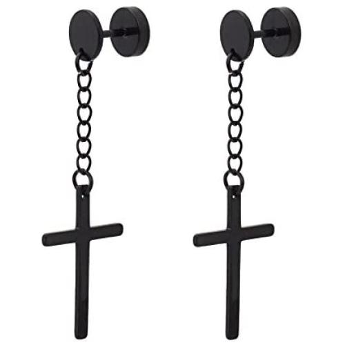 JSEA Black Silver Stainless Steel Cross Dangle Long Earrings Barbell Screw Back Round Stud Earrings