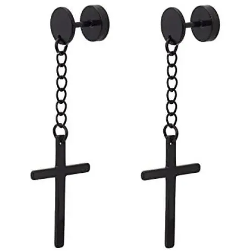 JSEA Black Silver Stainless Steel Cross Dangle Long Earrings Barbell Screw Back Round Stud Earrings JSEA Black Silver Stainless Steel Cross Dangle Long Earrings Barbell Screw Back Round Stud Earrings
