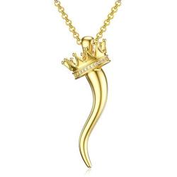 PDTJMTG Italian Horn Necklace 18K Gold Plated Sterling Silver Crown Horn Necklace, 20”+2”