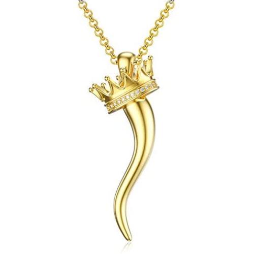 PDTJMTG Italian Horn Necklace 18K Gold Plated Sterling Silver Crown Horn Necklace, 20”+2”