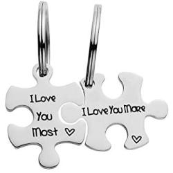 Raysunfook I Love You More I Love You Most Valentines Day Puzzle Piece Necklace Jigsaw Keychain 2 Set Pendant Birthday Gift Anniversary for Boyfriend Girlfriend Wife Husband